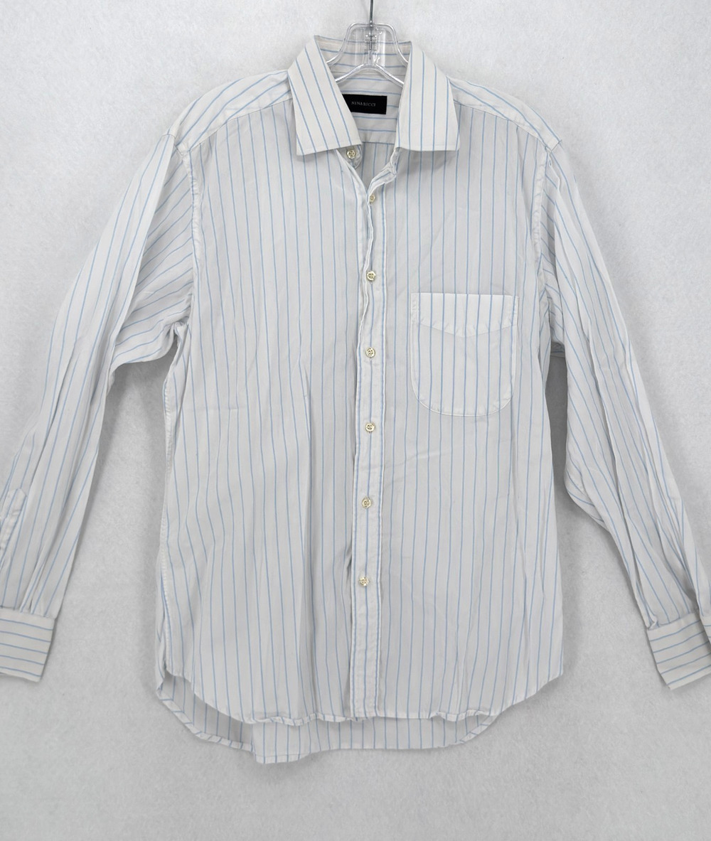 Nina Ricci Mens White Blue Striped Long Sleeve Dress Shirt Sz 40/15 3/4